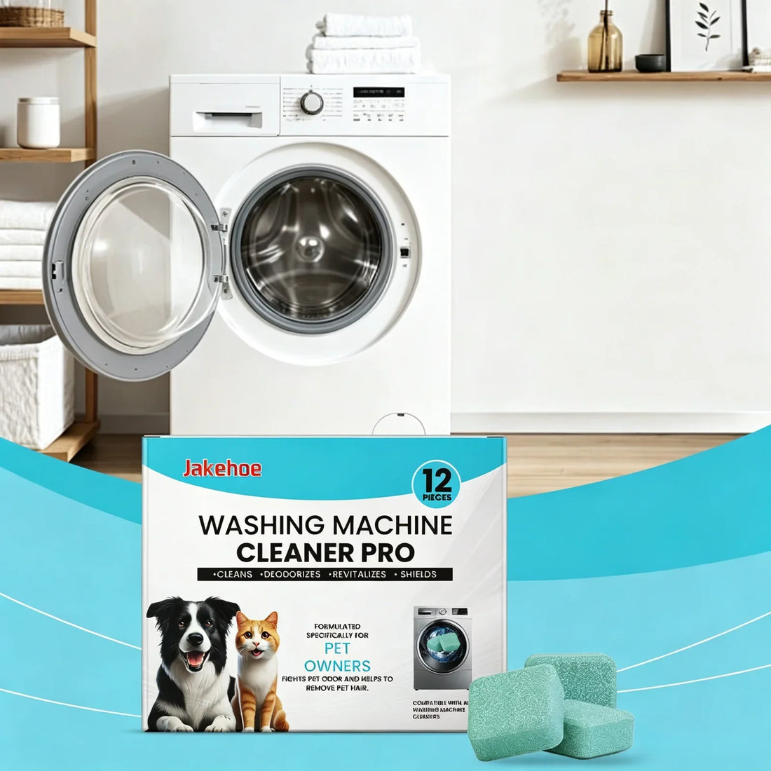 Washing machine cleaner packaging and cleaning tablets in front of a washing machine.