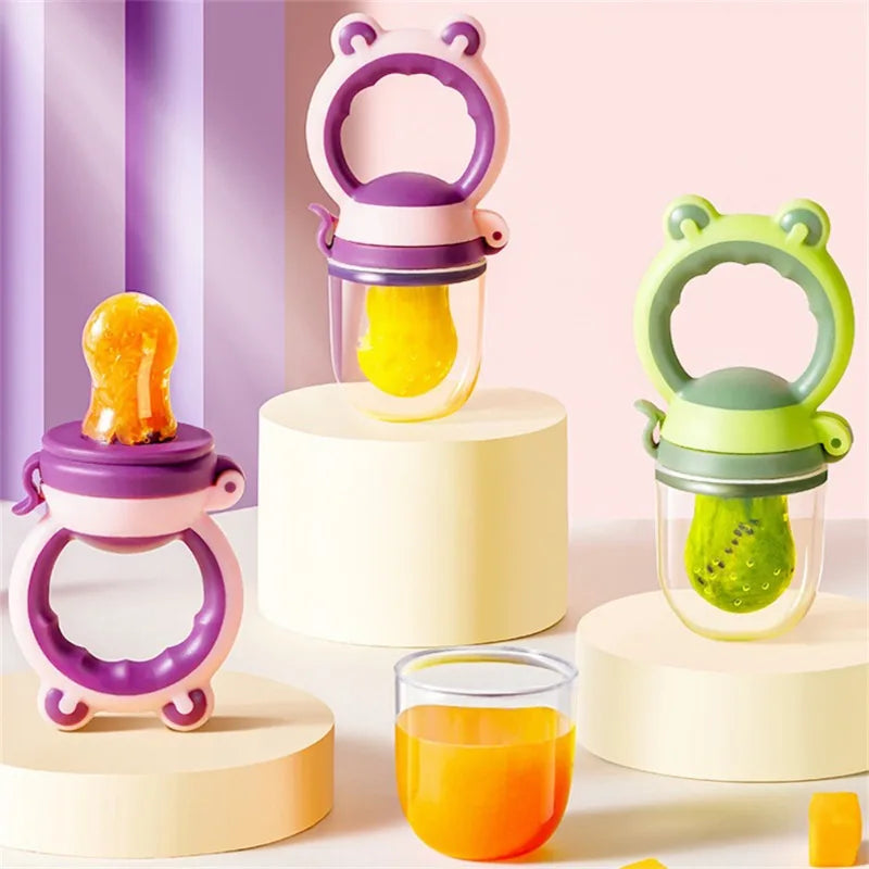 Baby feeders in purple and green displayed with protective covers.