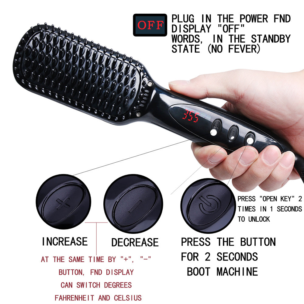 2 in1 Hair Straightener Brush Heating Beard Clip Comb Styler Electric Ionic Straightening Brush